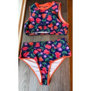 Floral High Neck Bikini Set Navy Orange Rose Print  Swimsuit size  XL